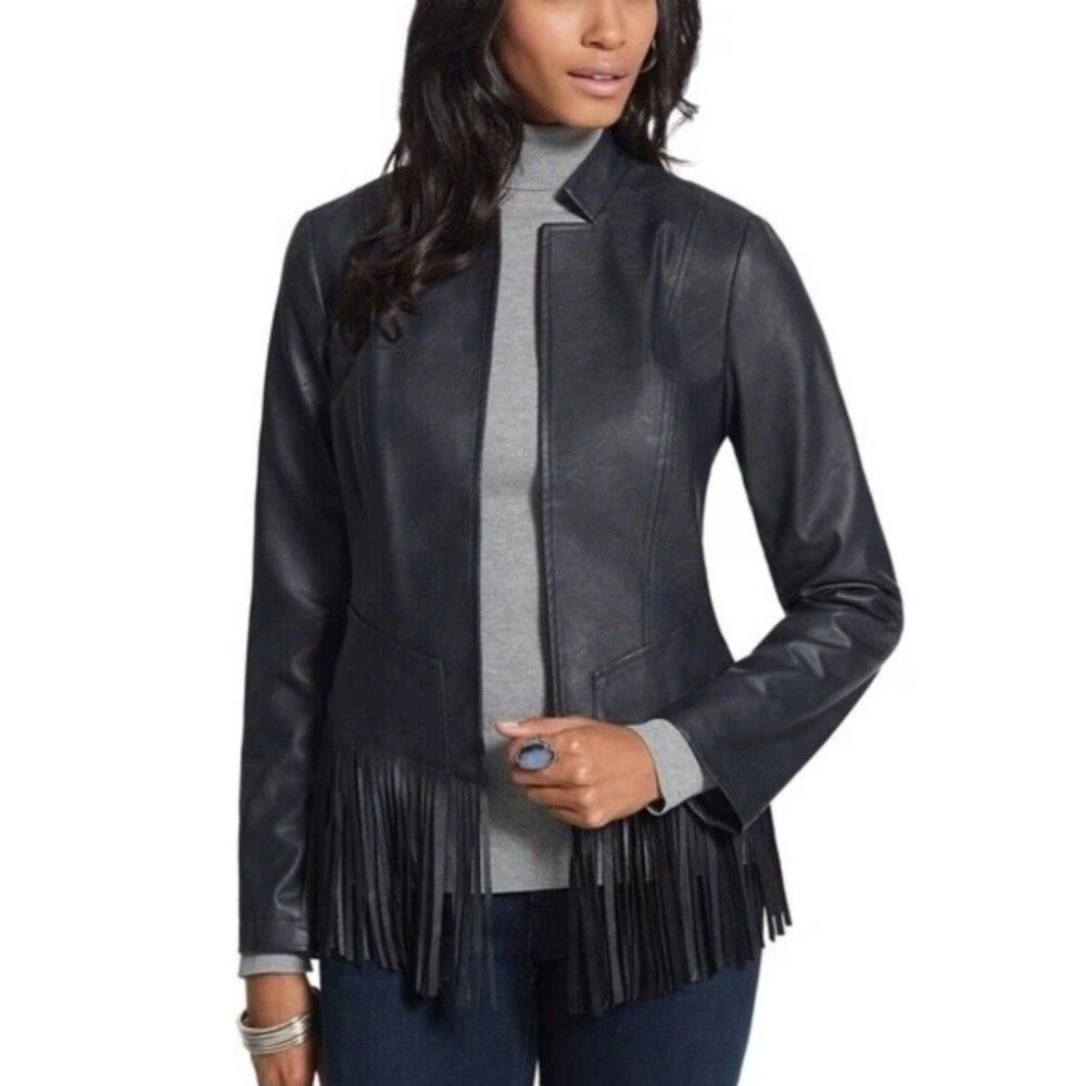 Chico’s Black Faux Leather Fringe Bottom Jacket